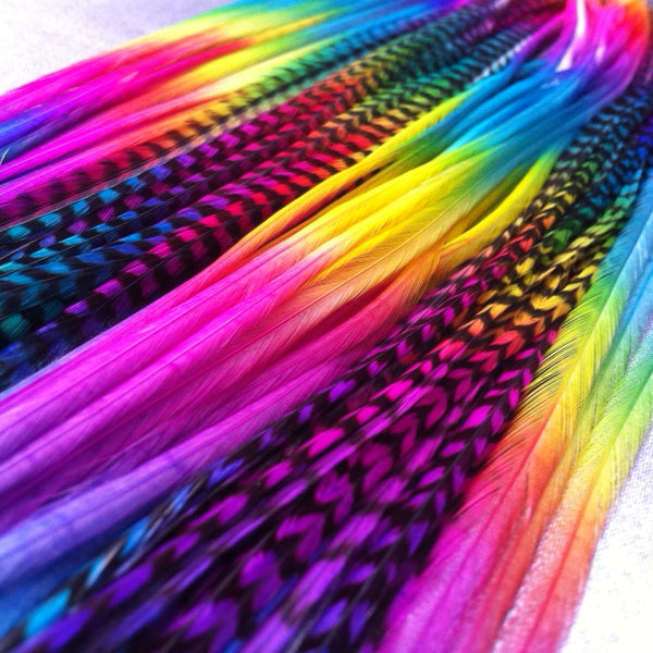 Rainbow Feather Hair Extensions – Vibrant Colors in 3 Lengths + Complete DIY Hair Kit